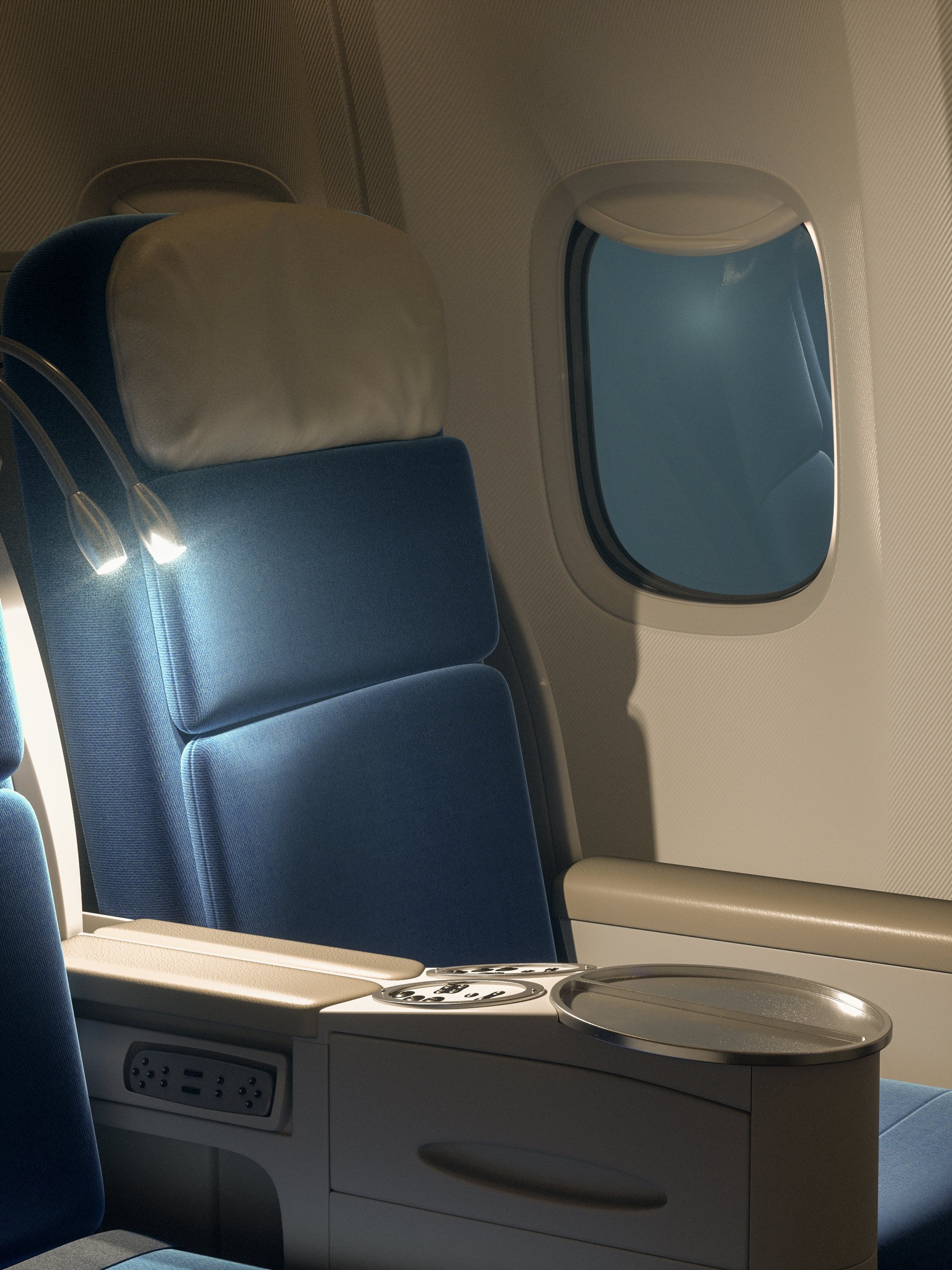 Economy cabin seat window light CGI