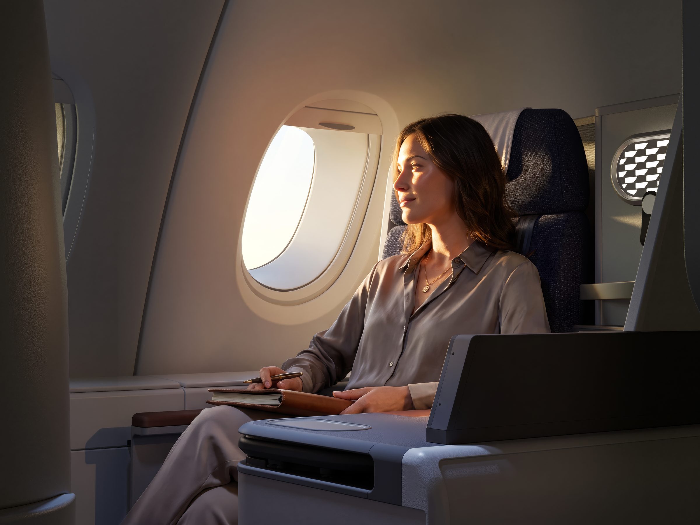 Business class passenger by window, evening light — capability study