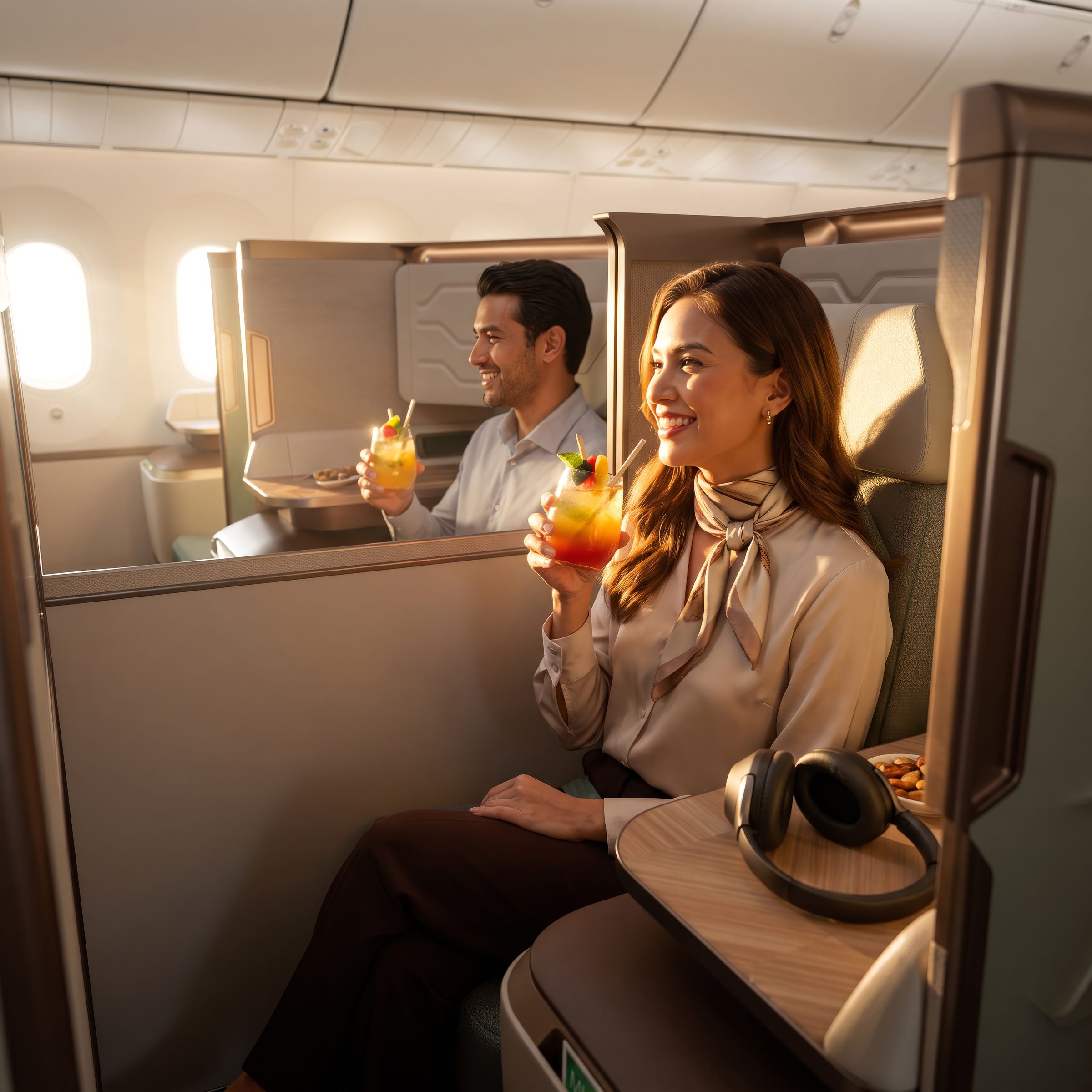 Business class passengers sharing a moment, wide-body cabin — capability study
